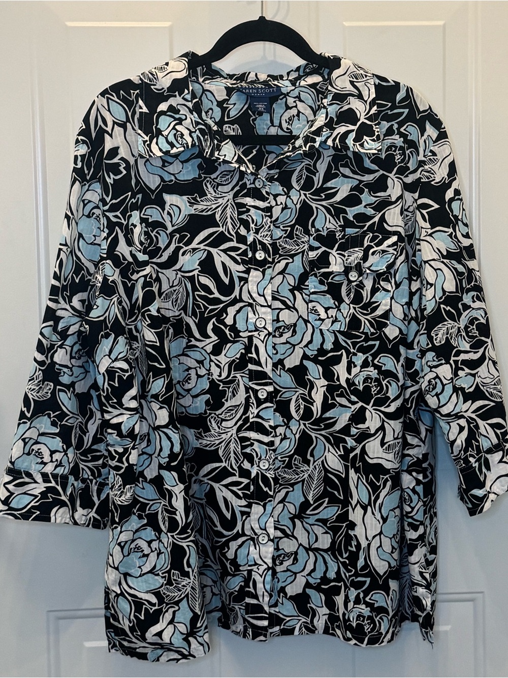 Karen Scott 100% Cotton Blue White Black Floral Button Up Tab Sleeves Career 2X